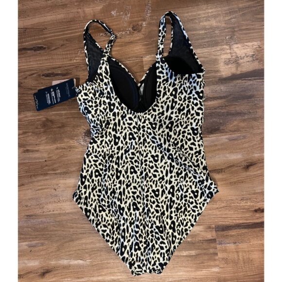 NWT Simon Chang One piece Figure Flattering Leopard Wrap Swimsuit - Size 8 - Picture 2 of 7